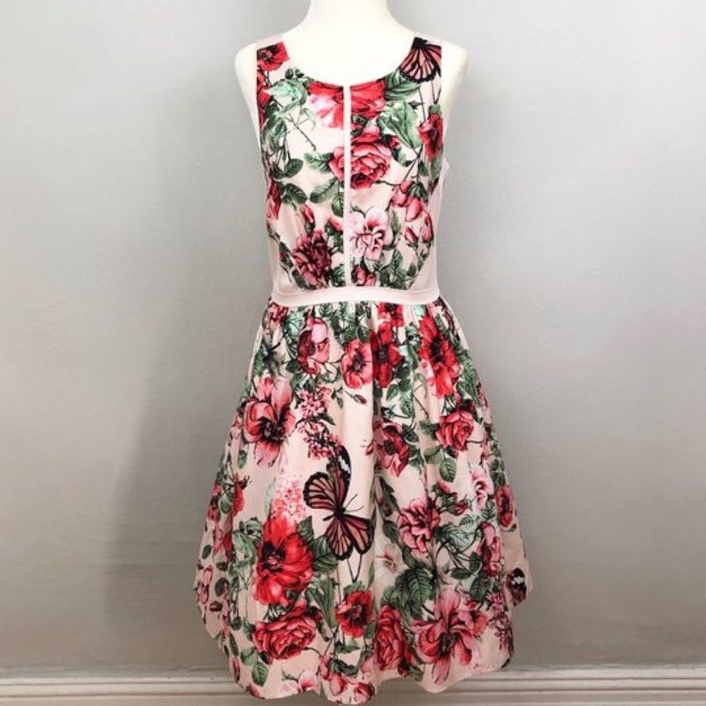 Adrianna Papell Pink Floral Butterfly Print Dress